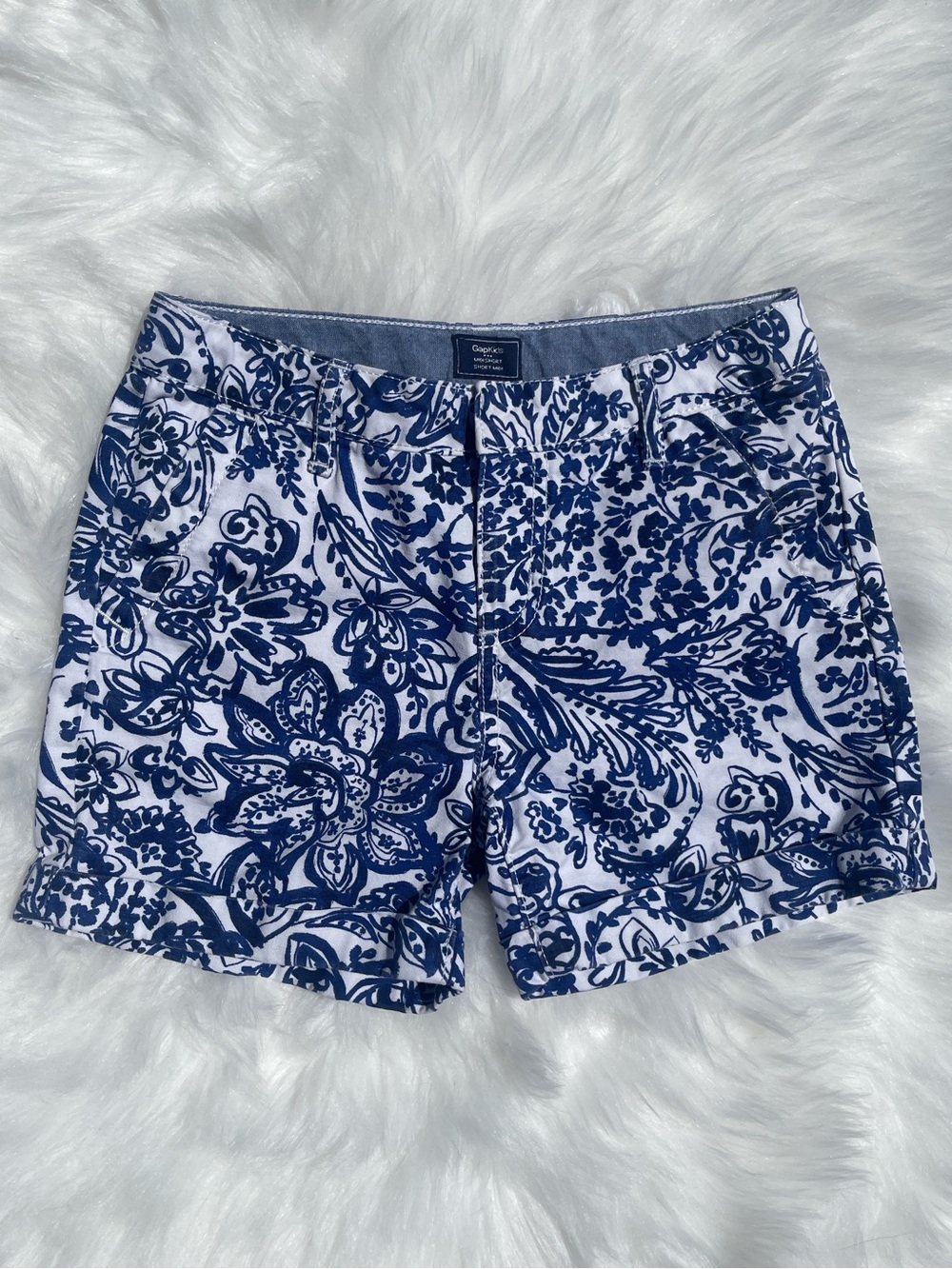 GAP Kids Blue and White Floral Paisley Midi Shorts Adjustable Waist Girls Size 8